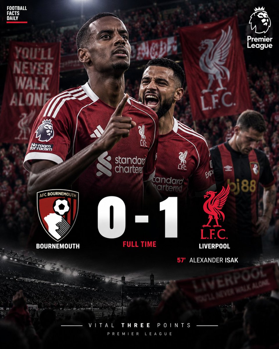 Footbolfacts's tweet photo. 🔴 ISAK WINS IT FOR LIVERPOOL.

Not pretty. Not easy. But three points.

Alexander #Isak strikes in the 57th minute as #Liverpool grind out a huge 1-0 win away at Bournemouth.

Two wins in a row and the Reds head into the international break unbeaten. 👀

#BournemouthLiverpool #LFC #PremierLeague