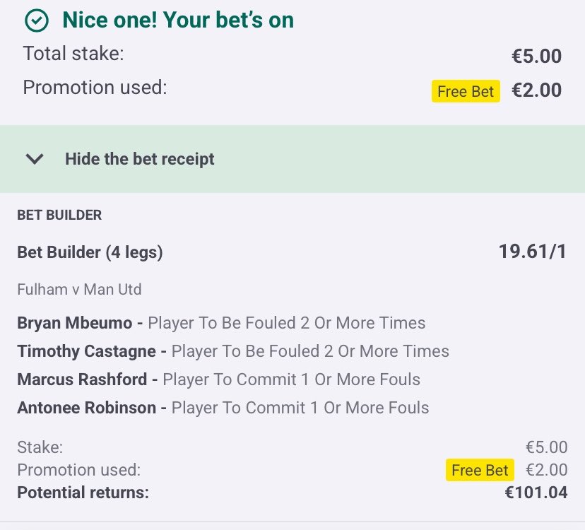 CL34B's tweet photo. Fulham v United picks..
€2 free bet on PP so used that and money back offer on bet365 too.. 
Hopefully some luck with last PL bet for 3 weeks 🤞 https://t.co/L3bwlAHOcQ
