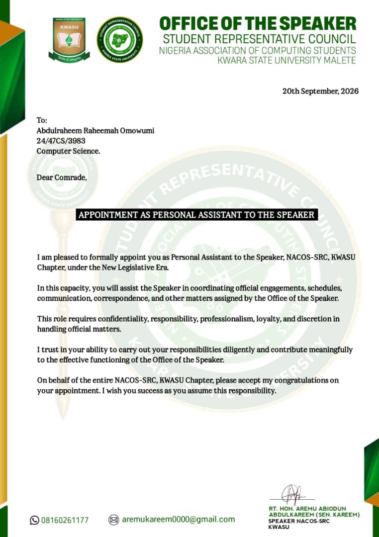 KwasuNacos_SRC's tweet photo. Congratulations to Abdulraheem Raheemah Omowunmi on her appointment as Personal Assistant to the Speaker, NACOS-SRC, KWASU!

We wish you all the best as you contribute to effective student governance and strategic leadership. Let's go! 💚

#NACOS_SRC #KWASU #Leadership #SRC https://t.co/93l7SoTUVl