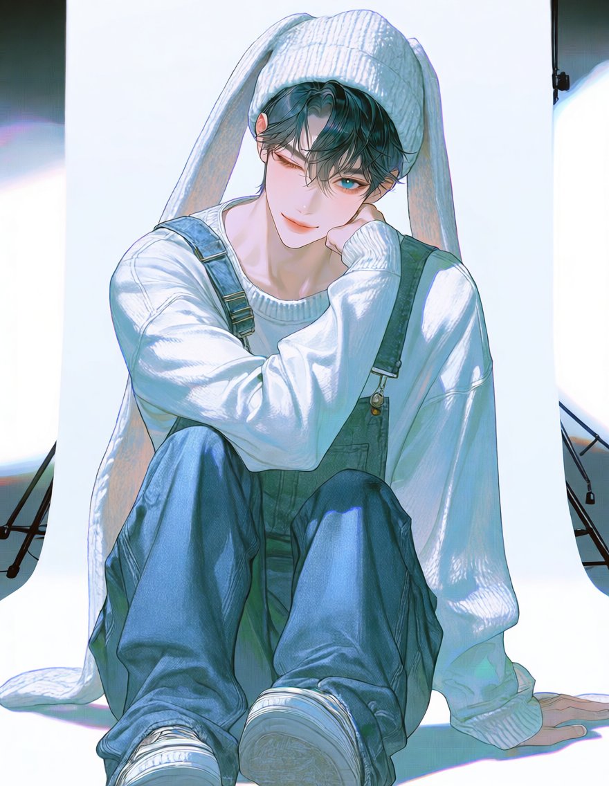 Monggu_im's tweet photo. 프롬프트 / 토끼 🐰

(외형)
sitting, knees bent, one elbow resting on a raised knee, chin resting on one hand, looking at viewer, winking, playful smile, https://t.co/FORWc6lBZE