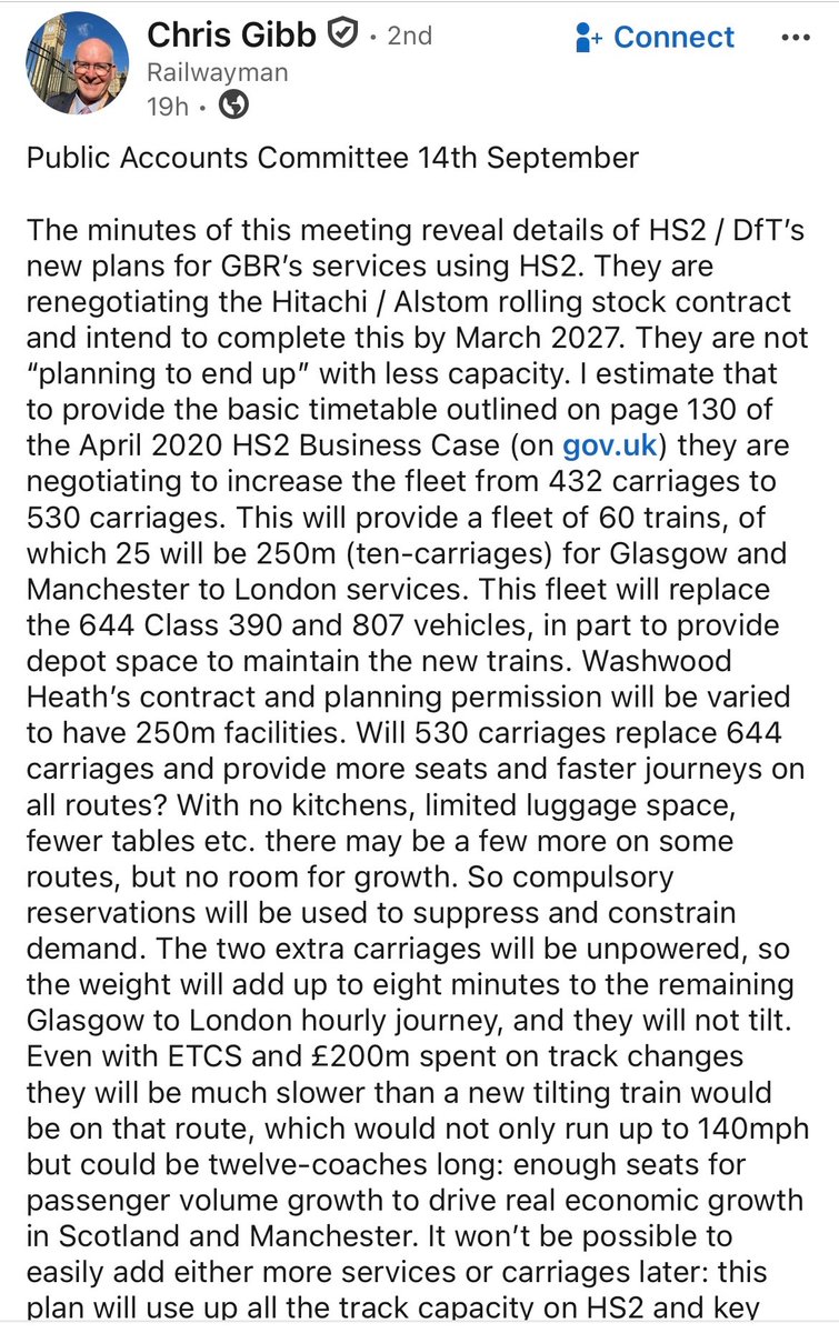 liam43102's tweet photo. Grim reading from Chris Gibb on HS2. It’s hard to comprehend the £100bn spend and yet be faced with this potential outcome - slower journeys to Glasgow, fewer seats, no tilt, no kitchens, no room for growth. Do the public comprehend what a total disaster this project has been? https://t.co/UIlJ5BIWcq