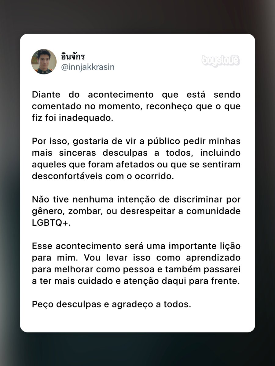 hubboyslove's tweet photo. Inn pede desculpas por vídeo onde aparece gemendo ao ser abraçado por membros da equipe após uma filmagem.

O ator pediu sinceras desculpas, disse não ter tido nenhuma intenção de desrespeitar a comunidade LGBTQ+ e afirma que terá mais cuidado daqui para frente. https://t.co/MDyIvWl7FN