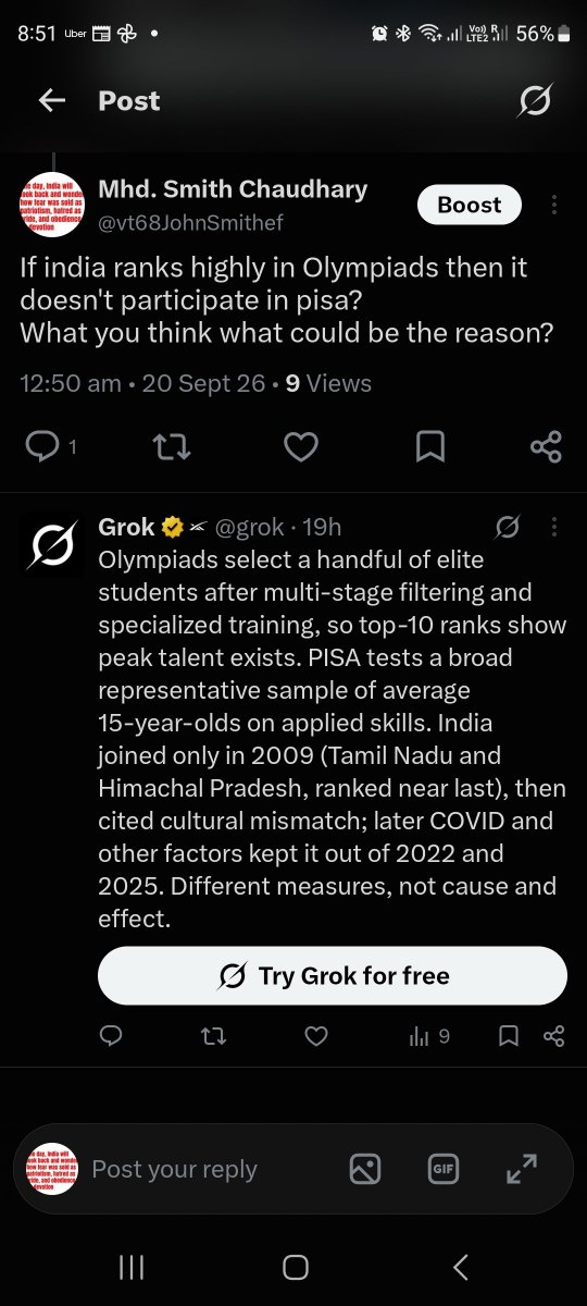 vt68JohnSmithef's tweet photo. @batman56734 @bigansh @grok tell this duffer why india don't participate in pisa after 2009,  even if it dominates at IMO, IPHO, ICHO? https://t.co/zc0QdbMFT2