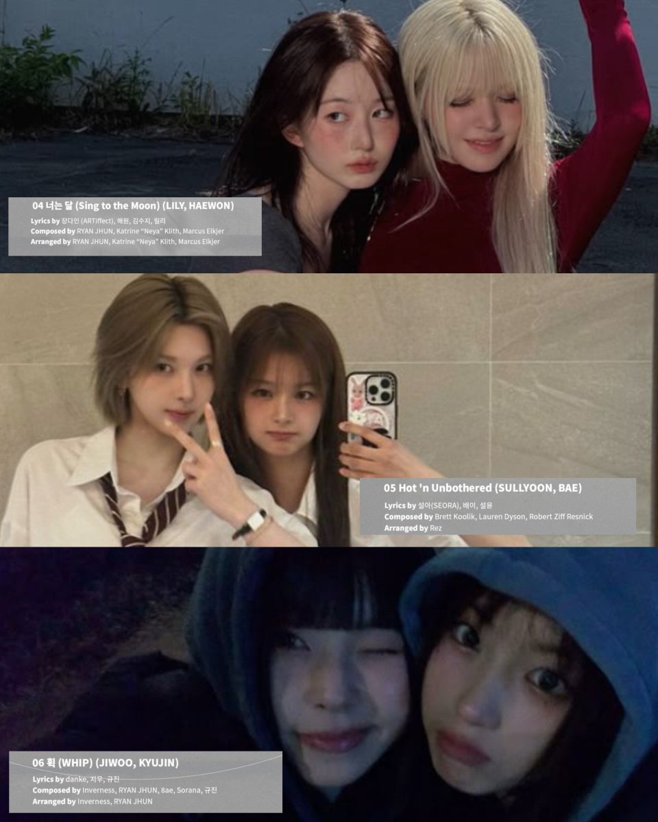 nmixxpics_'s tweet photo. NMIXX sub-unit duo tracks (government ship) in their 6th EP, “Strange Muse”

너는 달 (Sing to the Moon) — LILY and HAEWON
Hot 'n Unbothered — SULLYOON and BAE
휙 (WHIP) — JIWOO and KYUJIN https://t.co/ILbwgQrwU2