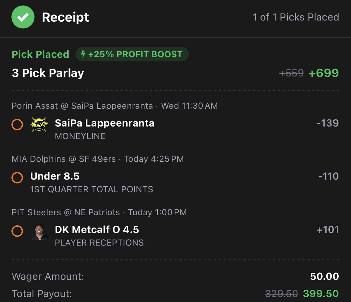 GhostEVplays's tweet photo. ๐ Courtside 25% Parlay Boost
๐ +699 (FV +527.81)
+EV: 27.28%
Playing: 0.25 Unit Max w/ Boost
๐ +559 (FV +527.81)
+EV: 4.98%
Playing: 0.25 Units w/o Boost
#courtside #sports #hockey #nfl #football https://t.co/mk0bkVvAJS