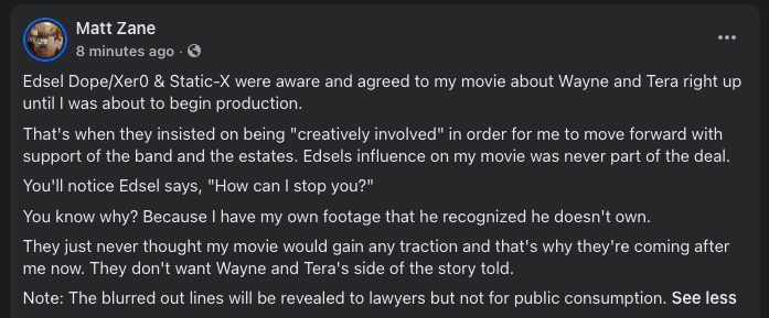 LordZane's tweet photo. Edsel Dope/Xer0 &amp; Static-X were aware and agreed to my movie about Wayne and Tera right up until I was about to begin production. https://t.co/LIg6Ej54ai