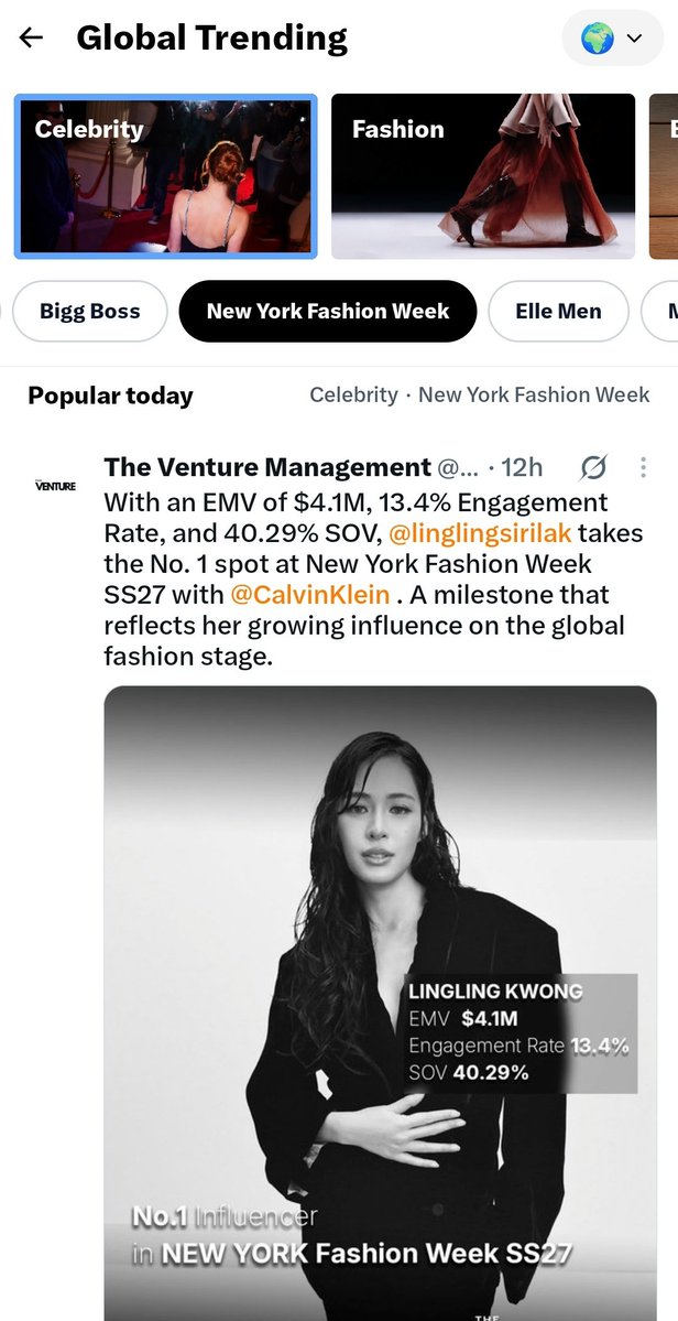 TrendLingTH's tweet photo. ก่อนนอนคืนนี้มา Update Global Trending  กันค่ะว่าพี่หลิง CK ติดหมวดไหนบ้าง ✨

**Celebrity

ปล:เรายังอยู่ที่ NYFW  กันนะคะทุกคน

#LinglingkwongxCalvinklein #CalvinKleinSS27  
#Calvinklein #LinglingKwong
@CalvinKlein @linglingsirilak https://t.co/SmWMovuyDu