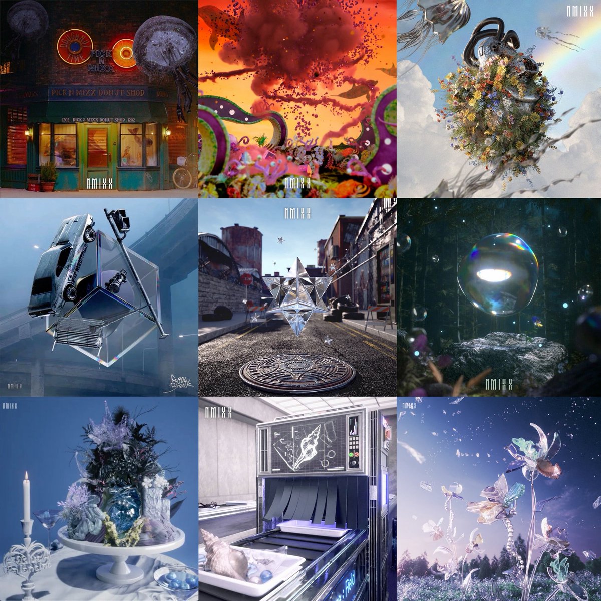 nmixxiee's tweet photo. All NMIXX album cover ARTs since debut, with newly announced album “Strange Muse” https://t.co/0m6reDgqVf