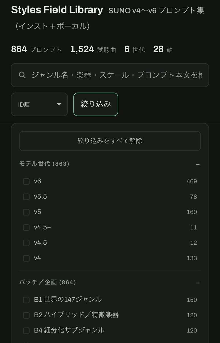 TsHide2's tweet photo. suno v6で様々なジャンルの曲をスタイルプロンプトから生成テストを実施
プロンプト数は400程度です。
全プロンプトと対応する生成曲のリンクをセットでデータベース化し、プロンプト検索出来るようにしました。
過去バージョン含めると800以上収録しています。
リンクは↓↓ https://t.co/sHpvGc5hBJ
