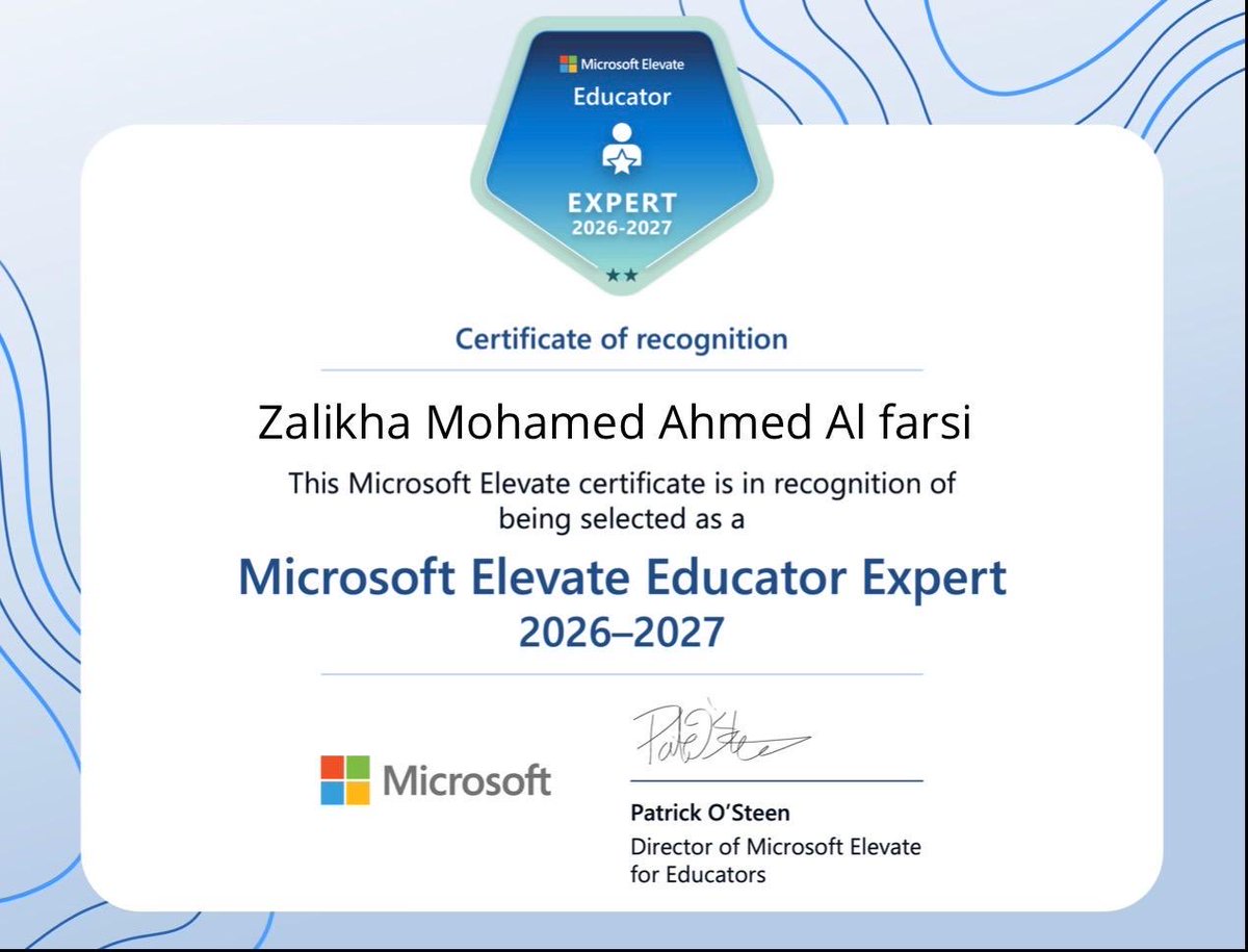 darbalola's tweet photo. نبارك للأستاذة زليخة الفارسية معلمة مجال أول حصولها على شهادة خبير مايكروسوفت 🏆💻
إنجازٌ يعكس شغفها بالتطوير والابتكار، وتميّزها في توظيف التقنيات الحديثة في التعليم.
مبارك هذا الاستحقاق.
#فعاليات_تعليمية_شمال_الباطنة
#مدارسنا_مستقبل_واعد
#تعلم_مستدام https://t.co/1OGLqUQ1LP