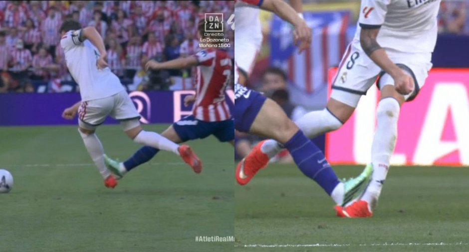 ElVarCentral's tweet photo. ❌ ERA ROJA: Entrada de juego brusco y grave de Kang-In Lee del Atlético de Madrid sobre Valverde. Clava los tacos en una zona altamente sensible, hay "palanca" en el tobillo y esto aumenta el riesgo de lesiones graves.

El árbitro ni amarilla mostró. Pero, ¿y el VAR? 😳 https://t.co/X24xT8ZjHp