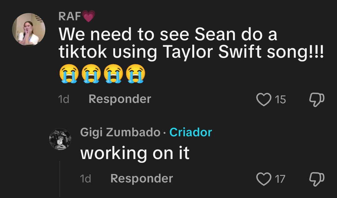 acervorosehill's tweet photo. UMA QUERIDA!

Gigi Zumbado respondeu alguns comentários nesse TikTok.

"Fã: Precisamos ver o Sean fazendo um TikTok usando uma música da Taylor Swift!!!
Gigi: Trabalhando nisso"

"Fã: Adorei a Tabitha nos livros e adorei ainda mais a escolha do elenco (e a Emmy também é muito fofa).
Gigi: Emmy para presidente"