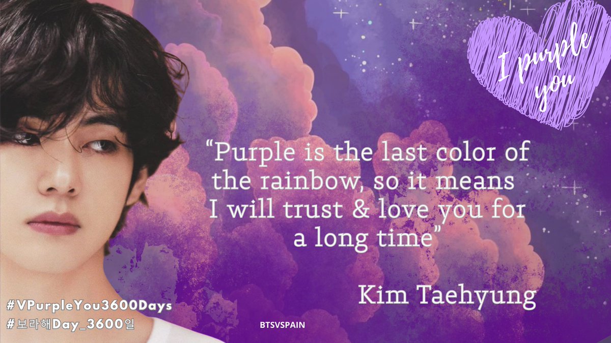 BTSVSpain's tweet photo. Hoy también celebramos los 3.600 días desde que Taehyung pronunció por primera vez ese “I Purple You” que reescribió la forma en que entendemos el afecto y la pertenencia ✨ 

Aquel 13 de noviembre de 2016, al explicar que el violeta es el último color del arcoíris y que por eso simboliza confiar y amarse hasta el final, V no solo creó una palabra: nos regaló un lugar seguro. 

En casi una década, Borahae dejó de ser solo una frase para convertirse en un pacto silencioso de lealtad, una filosofía que iluminó monumentos a nivel global, impulsó causas con UNICEF y vistió de morado los momentos más oscuros de millones de vidas 🥹🤧

Transmitir “I Purple You” es decir «estoy aquí, confío en ti y me quedaré a tu lado pase lo que pase». Gracias #V, por darnos un refugio eterno y un lenguaje que trasciende el tiempo, las fronteras y las palabras 💜💜

#VPurpleYou3600Days
#보라해Day_3600일