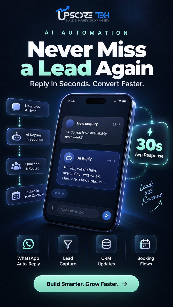 upscoretech's tweet photo. A lead arrives.

Instead of waiting:
→ AI replies
→ Lead is captured
→ CRM is updated
→ Follow-up starts
→ Booking moves forward
Good automation removes busywork without losing the human part of sales.

#AIAutomation #SalesAutomation #CRM #AIForBusiness #UpscoreTech https://t.co/F4jfeTFkn8