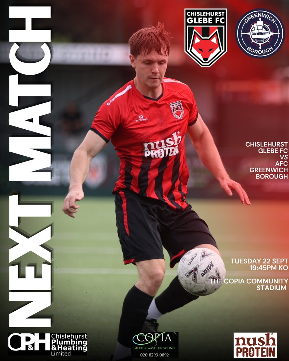 glebefootball's tweet photo. UNDER THE LIGHTS AT FOXBURY🦊
A local derby awaits. 🔥
🆚 @afcgreenwichborough
📅 Tuesday 22nd September
⏰ 7:45pm KO
📍 The COPIA Community Stadium
Support your local🔴⚫️
#UpTheGlebe #SupportLocalFootball https://t.co/niT37YhhWj
