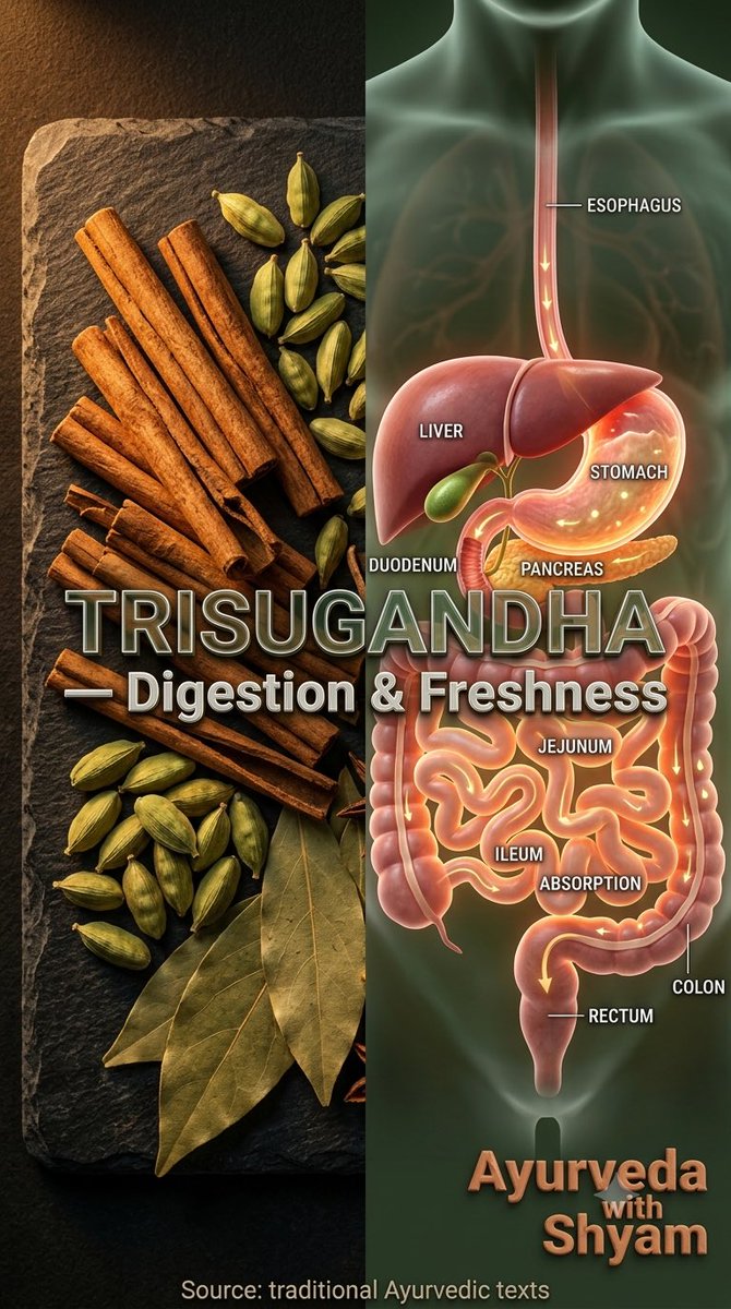 shyam_ayurved's tweet photo. Three spices sitting in your kitchen - cinnamon, cardamom and tejpatta - together there are trisugandha.

An Ayurvedic combo used for digestion, appetite loss, and bad breath.

Cinnamonaldehyde, cineole, eugenol, the aromatic compound two real work.

Traditional use, not medicinal advice!
