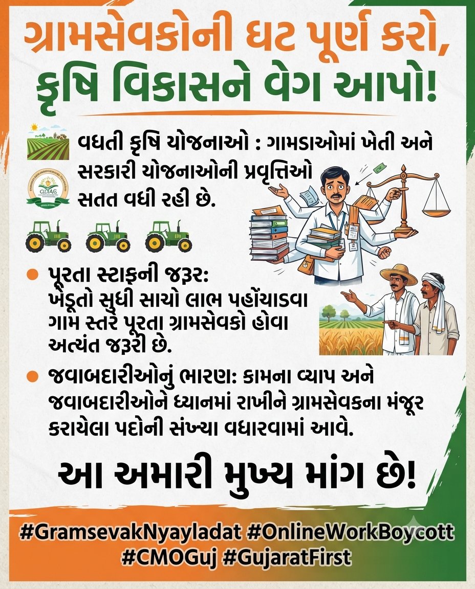 skthuletiya's tweet photo. कृषि योजनाओं की बढ़ती गतिविधियों के साथ गांव स्तर पर पर्याप्त ग्रामसेवक उपलब्ध होना जरूरी है। कार्यक्षेत्र और जिम्मेदारियों के अनुरूप स्वीकृत पदों की संख्या बढ़ाने पर विचार किया जाए।
#GramsevakNyayladat #OnlineWorkBoycott @CMOGuj @GujaratFirst https://t.co/TdVfqIs5QM