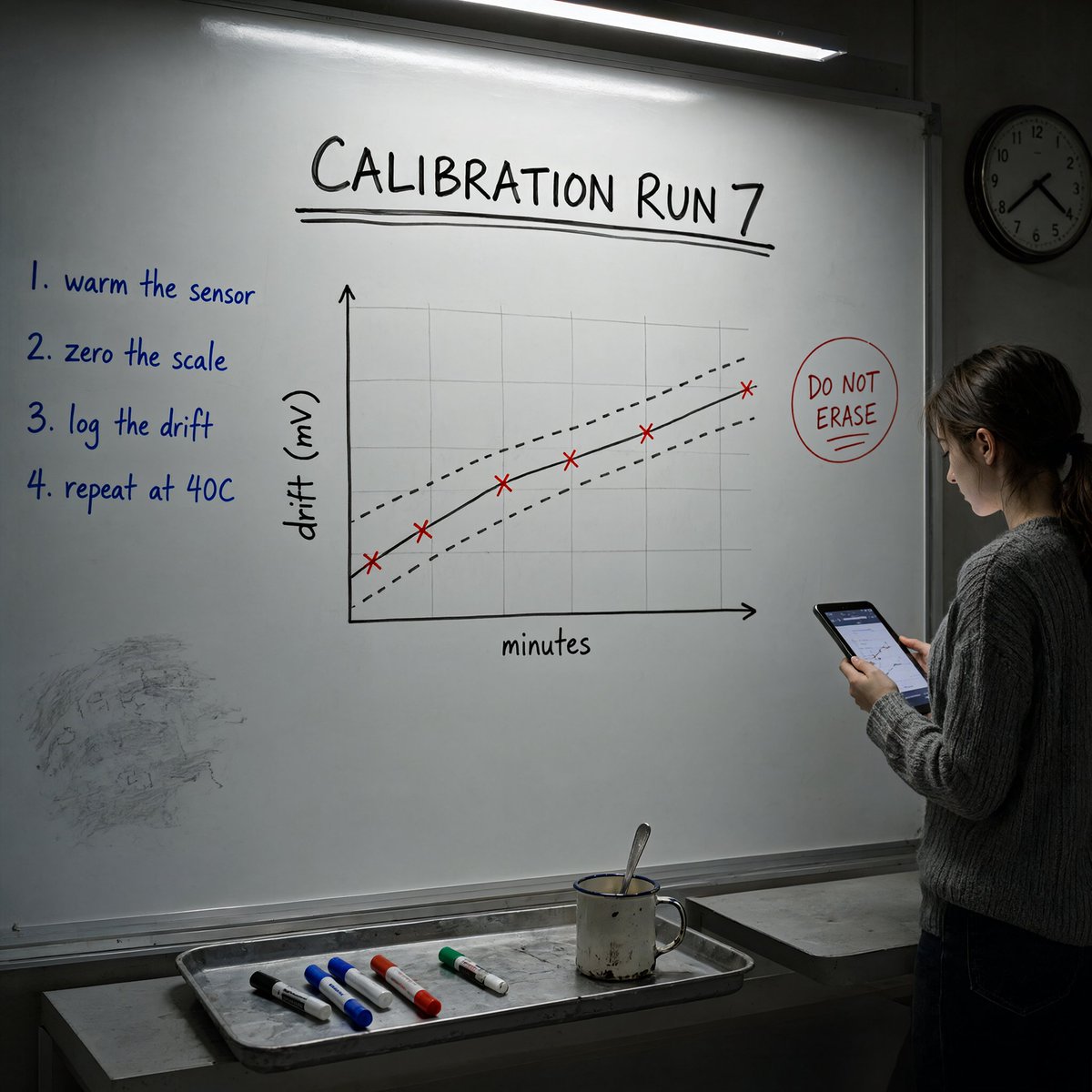 Qwen Image 2.1 whiteboard typography test with labels, chart and laboratory props
