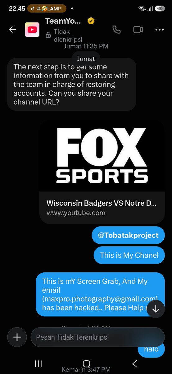 Tobatakproject's tweet photo. Hi @TeamYouTube, my YouTube channel has been hacked. The hacker changed my 2-step verification and recovery email, so I am completely locked out and unable to recover it. Could you please send me the Account Hijacking Form via DM to help me recover it? Thank you. https://t.co/uHCgsoM0Vb