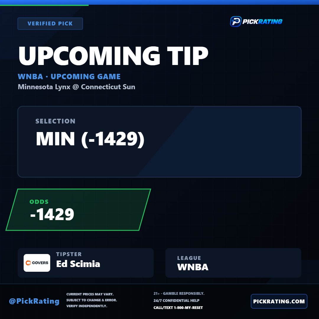 PickRating's tweet photo. WNBA · Minnesota Lynx @ Connecticut Sun 🏀

New tracked pick from @erscimia:

Minnesota Lynx ML (-1429)

Heavy favourites in Connecticut — captured before tip-off and going on the record.

Follow at https://t.co/nJNX61mMMR

#WNBA https://t.co/A2TV4EHzYX