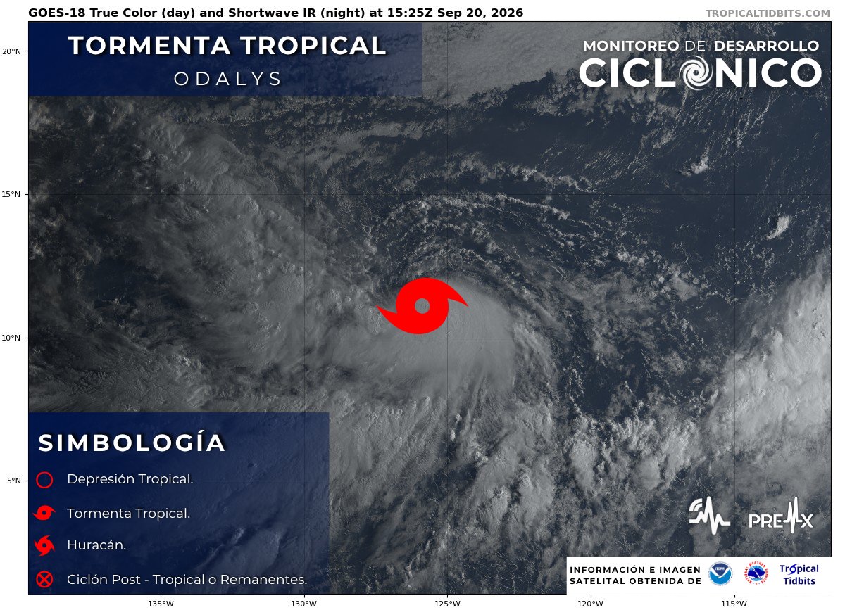 SasslaClimaMx's tweet photo. #TenemosCiclón 🌀 | Durante la madrugada se formó la #TormentaTropical "Odalys".

🇲🇽 Nace #Odalys, a partir de la perturbación #98E. Ubicada a 2,110 km al suroeste de Baja California. Registra vientos de 75 km/h y una presión central de 1003 mb.

1/2 https://t.co/oEvCdYMt8M