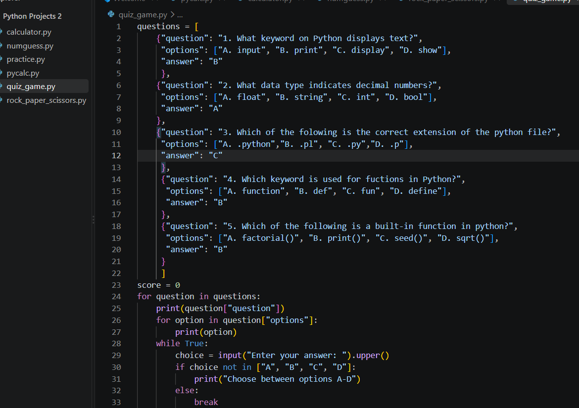 Temiloluwaco's tweet photo. Day 5 🫍, created a python quiz game.
Involves lists, dictionaries and nested loops.
Entails input validation, accepting lowercase answers and score tracking.
Engage please, thank you🙏
#30DaysOfCode #Python #BuildInPublic https://t.co/aACkVB9EGT