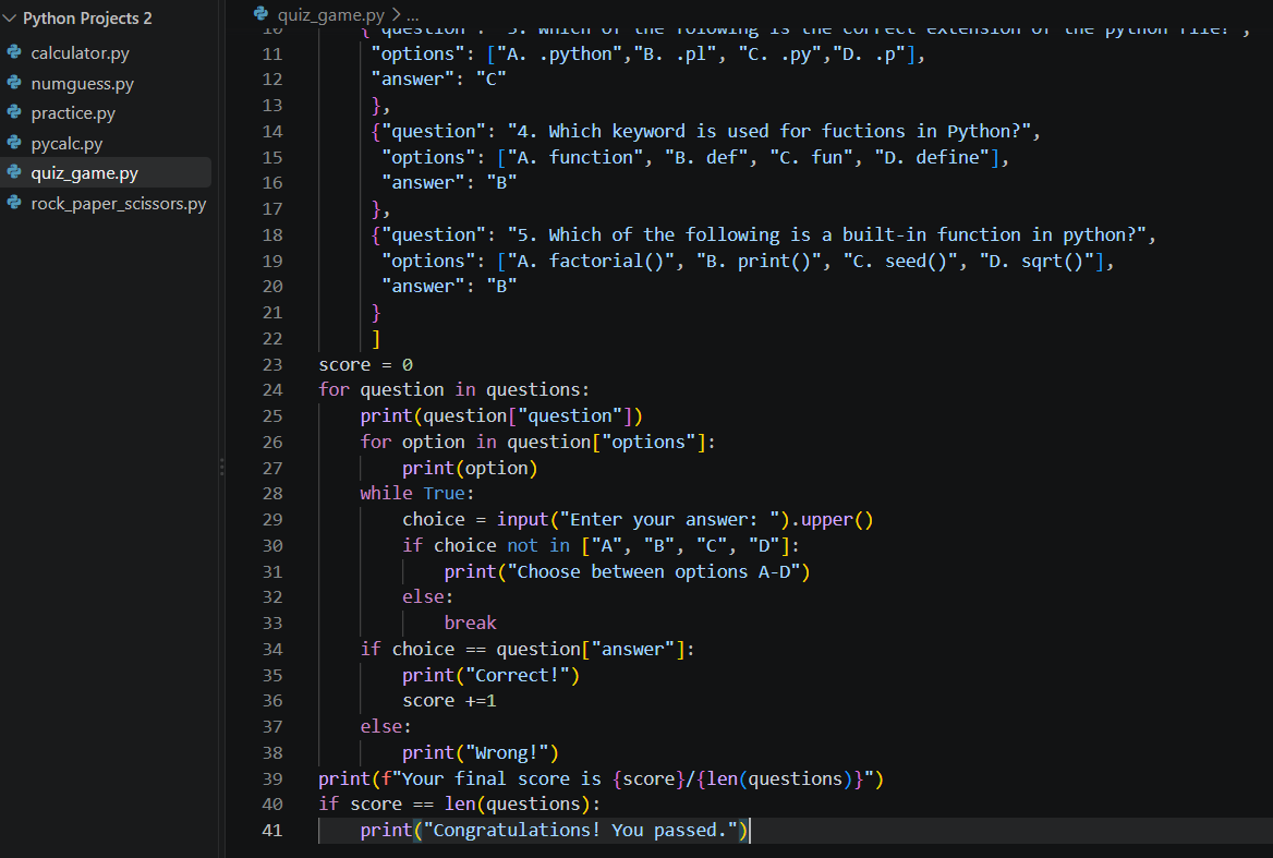 Temiloluwaco's tweet photo. Day 5 🫍, created a python quiz game.
Involves lists, dictionaries and nested loops.
Entails input validation, accepting lowercase answers and score tracking.
Engage please, thank you🙏
#30DaysOfCode #Python #BuildInPublic https://t.co/aACkVB9EGT