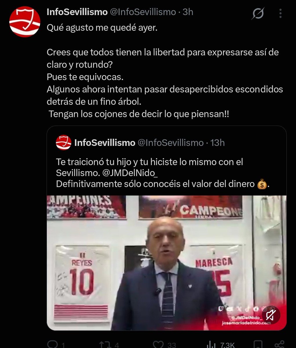 _NODOSFC_'s tweet photo. Bah, Roma no paga a traidores.

Ahora, cuando es evidente que lo único que quiere DNB, como el resto de accionistas mayoritarios como vengo diciendo desde hace años y años, es coger pasta y que el Sevilla le importa un viejo bledo...

Y cuando es evidente que este infosevillismo ya no trincará nada de él...

Entonces, ahora, quiere revestirse de dignidad y arremeter contra él subiéndose al barco de quienes venimos avisando desde hace años...

Y además, repartir cera (sin tener el valor de llamarlos por su nombre) a sus distinguidos colegas de plantanoble con quienes hasta ayer ensalzaba a este "salvador" dándonos, entre insultos, clases de sevillismo a los demás.

El sevillismo no paga a traidores como vosotros Jaime Urpina. Vendedle vuestra película a otros, hasta ahora habéis tenido éxito engañando a muchos, pero ya no engañáis a nadie.