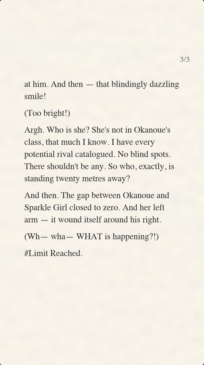 wtr_kazamatsuri's tweet photo. Series "# Limit Reached."
https://t.co/sIxI7ip8UI
A collection of flash fiction, ruthlessly cut short by "the limit," leaving you maddeningly unresolved every time.
Yes, I really do write these myself — in Japanese.
#SchoolLife #ComingOfAge #LoveComedy #FlashFiction https://t.co/NamKDpfaRg