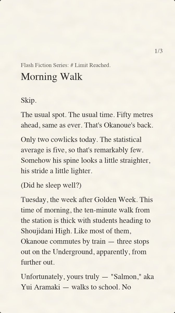 wtr_kazamatsuri's tweet photo. Series "# Limit Reached."
https://t.co/sIxI7ip8UI
A collection of flash fiction, ruthlessly cut short by "the limit," leaving you maddeningly unresolved every time.
Yes, I really do write these myself — in Japanese.
#SchoolLife #ComingOfAge #LoveComedy #FlashFiction https://t.co/NamKDpfaRg