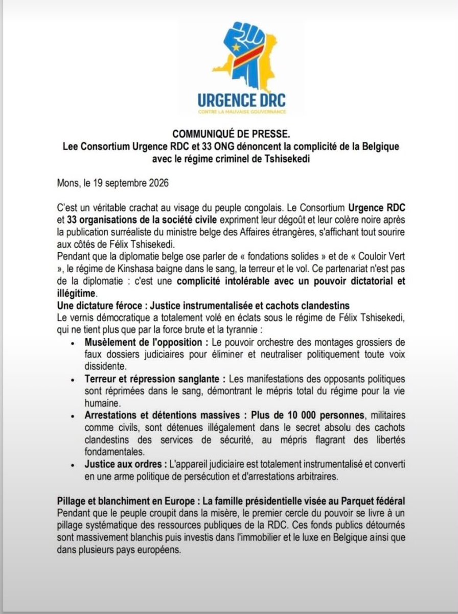 I_EN_BREF's tweet photo. Il y a des silences qui valent complicité, et des poignées de main qui peuvent ressembler à une trahison.

Pendant que le peuple congolais dénonce répression, détentions arbitraires et instrumentalisation de la justice, la diplomatie belge parle de « fondations solides » et de « Couloir Vert ».

Le Consortium Urgence RDC et 33 organisations de la société civile ont saisi le Parquet fédéral belge sur des circuits présumés de blanchiment.

Une question demeure : de quel côté la Belgique choisira-t-elle de se tenir : celui du pouvoir ou celui du peuple congolais ?

À lire et à partager largement.

Clement kabembo