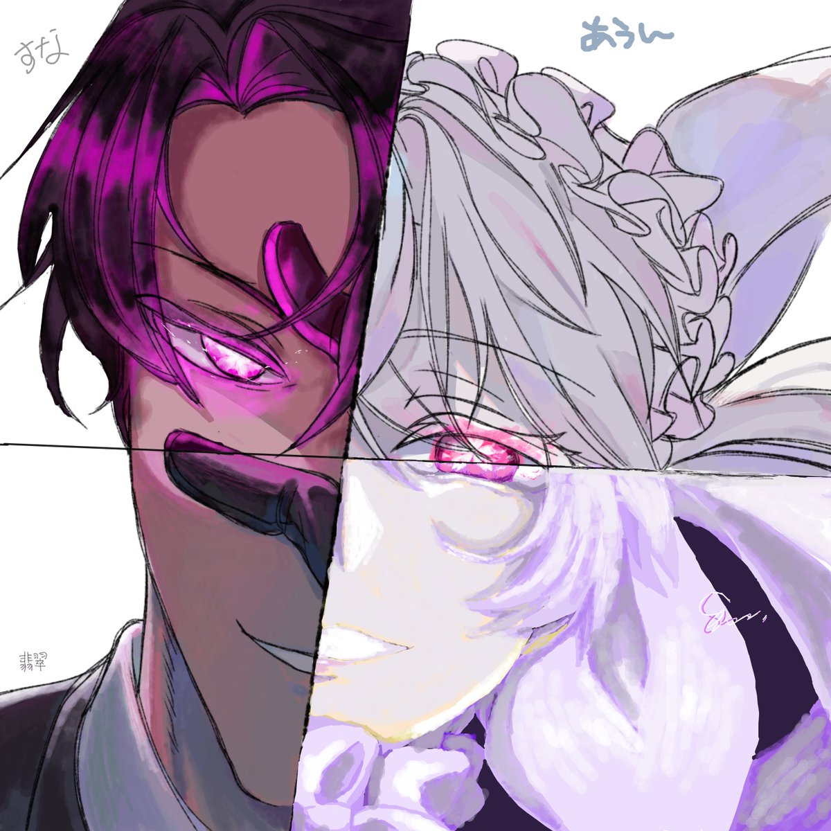 Healthbear_0101's tweet photo. うべべべ、めちゃめちゃかっこよく塗ってくださいました😭😭🩷🩷🩷🩷🩷🩷絵チャ参加してくれた
右上　唖雲ちゃぬ
右下　ぴーこ
左下　翡翠ちゃぬ
左上　すなちん

ありがとうございました🙏🩷🩷🩷マジでかっこいいです😭🥰🥰🥰
めちゃデジタル色塗りの勉強になりました🥰🥰🩷 https://t.co/fuRGz1eVwO