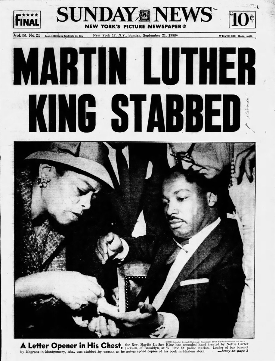 TheKingCenter's tweet photo. On this day in 1958, Dr. Martin Luther King, Jr. was stabbed in the chest by Izola Curry while signing copies of “Stride Toward Freedom” at a department store in Harlem.

The seven-inch blade came dangerously close to his aorta. Doctors later said that a sneeze or cough could have proved fatal.

Dr. King survived. But what followed became an enduring testament to the power of nonviolence.

From his hospital room, Dr. King expressed no hatred toward Curry. Instead, he spoke of her humanity and expressed hope that she would receive the help she needed. His response is a reminder that nonviolence is not weakness. It is the courageous decision to reject hatred, even when hatred has been directed at you.

Today, we remember Dr. King’s survival—and recommit ourselves to the work he yielded his life to advance:

HEAL HUMANITY.
HONOR TRUTH.
PRIORITIZE JUSTICE.
PRACTICE NONVIOLENCE.

The work continues. The Beloved Community is still possible—and it requires all of us.

#TheKingCenter #MartinLutherKingJr #MLK #Nonviolence #BelovedCommunity #CorettaScottKing

2nd photo: A letter opener protruding from his chest, Dr. King was treated at W. 123rd St. police station. (Photo by Vernoll Coleman/NY Daily News Archive via Getty Images)

3rd photo: Martin Luther King Jr. recovers from surgery in bed at Harlem Hospital in New York City on September 21, 1958, following an operation to remove a letter opener from his chest. (John Lent / AP)

4th photo: New York Governor Averell Harriman, left, talks with the Rev. Martin Luther King and his wife Coretta Scott King in Harlem Hospital, New York, Sept. 22, 1958. (AP Photo/Ray Howard)