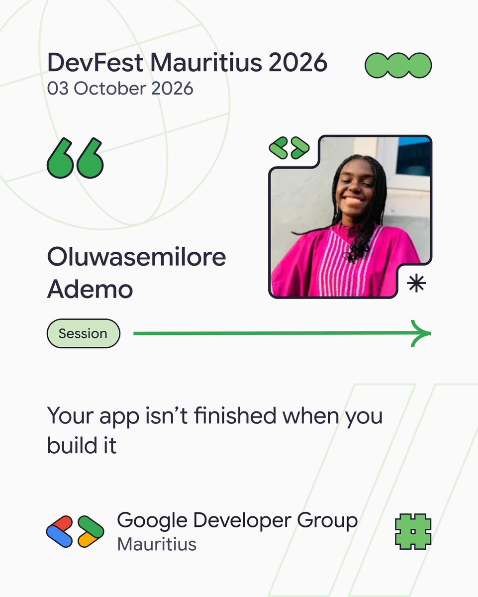 MSCraftsman's tweet photo. Weโre pleased to welcome Oluwasemilore Ademo to DevFest Mauritius 2026!
๐
03 October 2026
๐ African Leadership College of Higher Education (ALCHE), Mauritius
๐๏ธ Reserve your ticket: https://t.co/Jpr32SfHpi
#DevFestMauritius #GDGMauritius #GoogleDevs https://t.co/7QSYHGkjfG