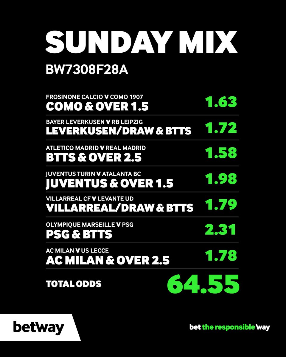BetwayMalawi's tweet photo. 🔥 Europe’s biggest clashes. One Sunday Mix. 64.55 odds. 👀

From the Madrid Derby to PSG v Marseille and Leverkusen v Leipzig, this slip is packed with goals, rivals and big-match drama. ⚽💥

💰 Back the Sunday Mix and place your bet via the link in bio. https://t.co/KPt9igmk2r