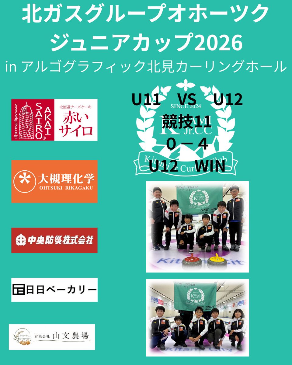 kitamiJrcurling's tweet photo. 北ガスグループオホーツクジュニアカップ2026
競技11
小学生の部
順位決定リーグ（5位以下）
きたみJrカーリングくらぶU11  VS  きたみJrカーリングくらぶU-12
0-4でU-12が勝ちました。 https://t.co/zAcFNbc9Qs