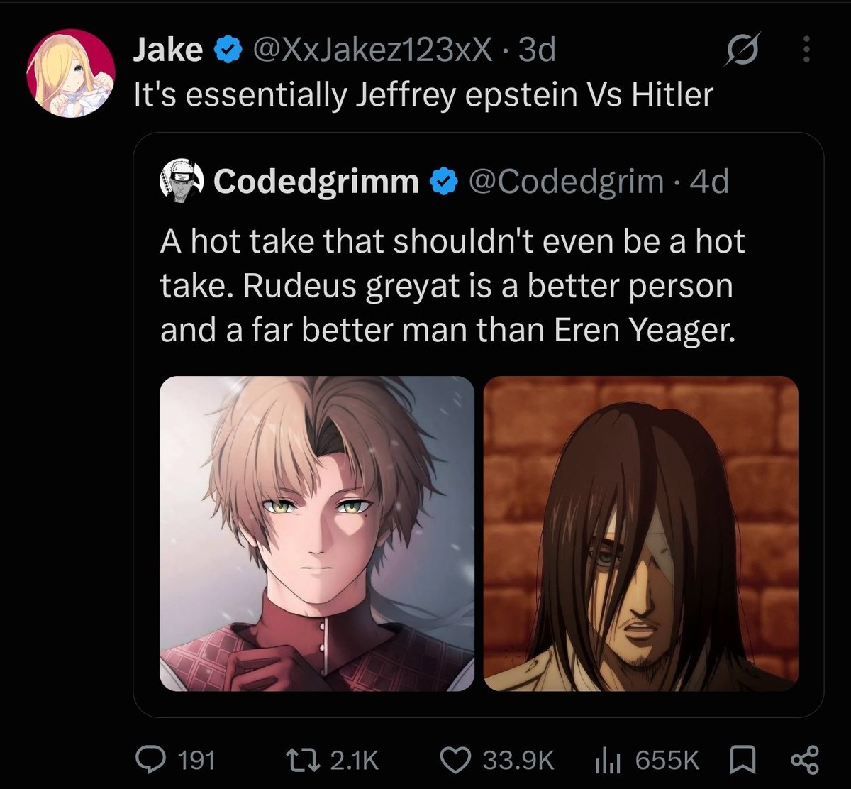 KuroSekaiAnime's tweet photo. Reminder Rudeus freed enslaved abused children,  people who liked this post calling Rudeus epstein are bots. https://t.co/6GSsVePjxW