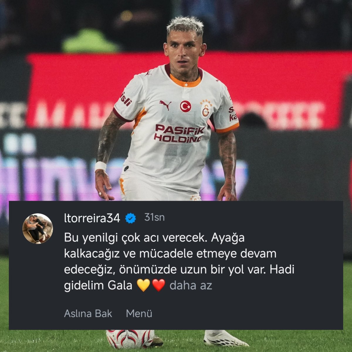 lemarcaspors_'s tweet photo. Lucas Torreira: "Bu yenilgi çok can yakıyor olmalı. Ayağa kalkıp savaşmaya devam edeceğiz, önümüzde daha çok uzun bir yol var. Vamos Gala 💛❤️" https://t.co/N3HBGxlMM4