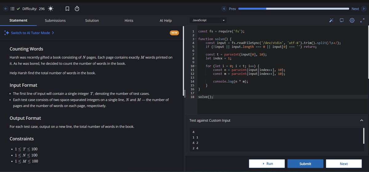 AkkalAbhishek's tweet photo. Day 154 of Coding

Solved another CodeChef problem — Counting Words.

Calculated the total number of words by multiplying the number of pages by the words per page.

Time Complexity: O(T)
Space Complexity: O(T)

#Day154 #CodeChef #JavaScript #365DaysOfCode https://t.co/HdDspj2njO