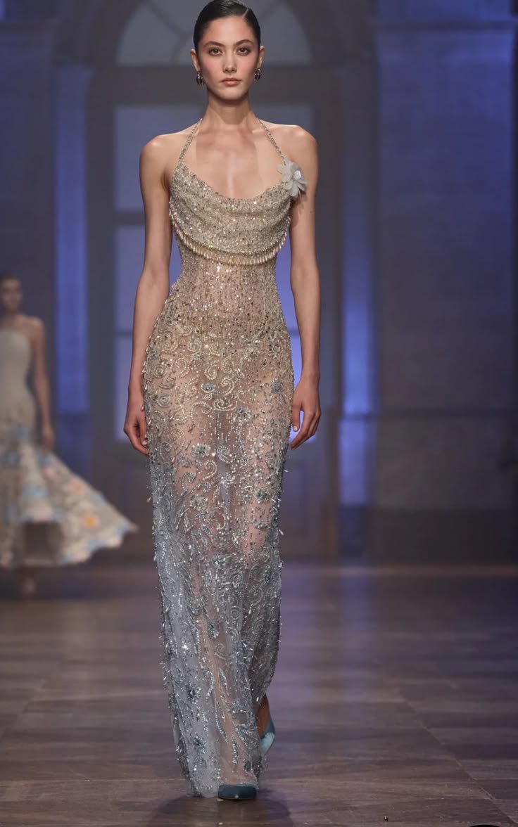 vogueishgirl's tweet photo. Embroidered sheer halter gown from the Georges Hobeika Fall/Winter 2026/2027 Haute Couture collection. https://t.co/9TYnixeqKc