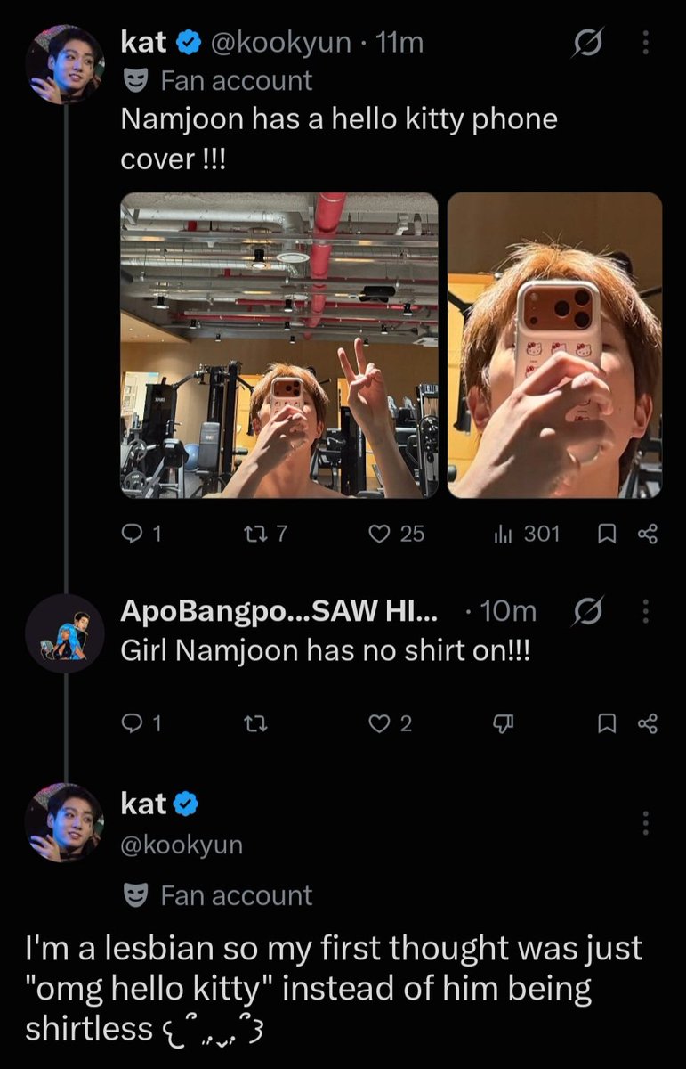 kookyun's tweet photo. Getting more excited over Namjoon having a hello kitty phone cover than his shirtless pic https://t.co/bpJR2gvrm9