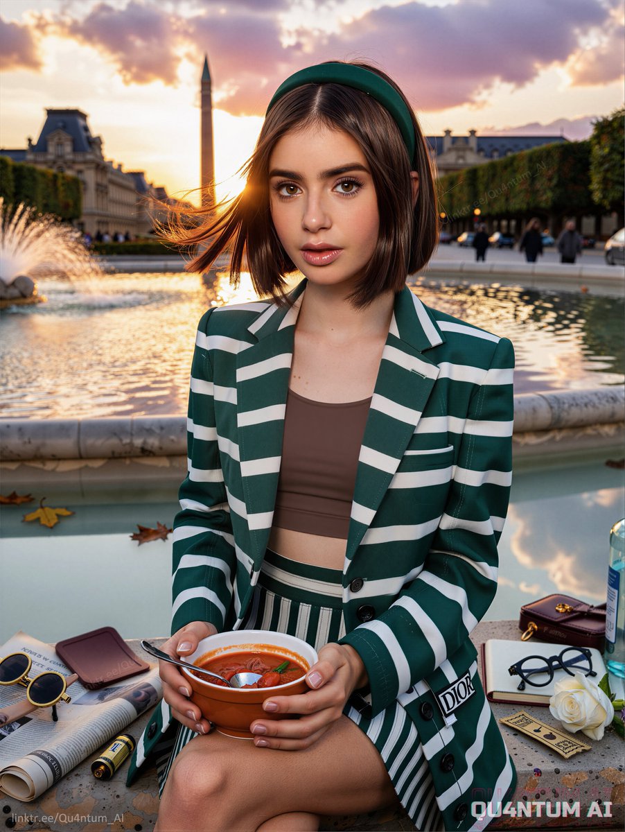 Qu4ntum_AI's tweet photo. Could this evening be any more perffect? 🥖🌇🥐
#LilyCollins #EmilyInParis #LoveRosie #TheMortalInstruments #MirrorMirror #StripedBlazer #CropTop #GreenHeadband #SunsetGlow #ParisVibes #FashionIcon #MatchingSet #FrenchAesthetic #SunsetGlow #CityOfLove https://t.co/TekBfmYkYM