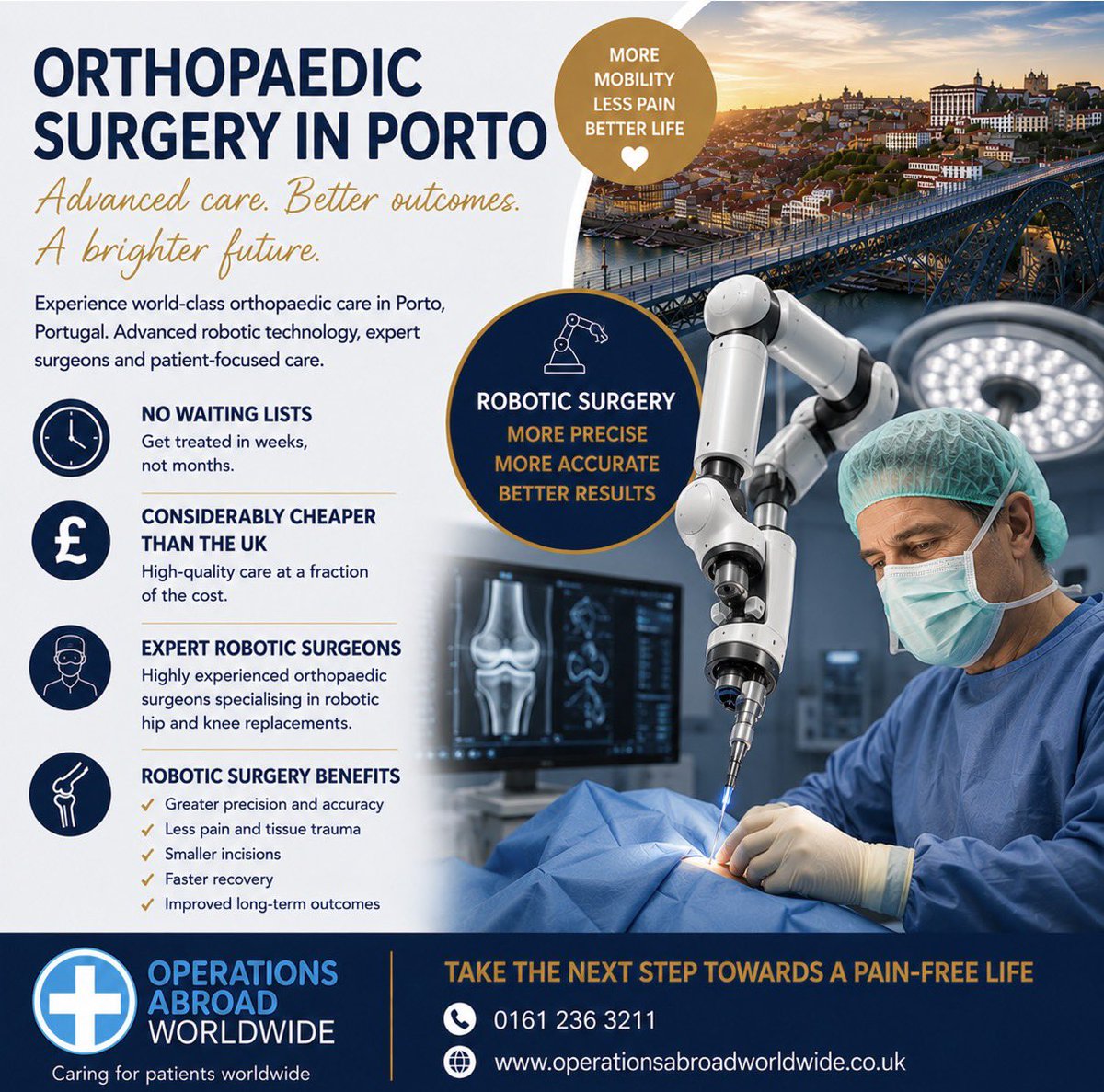 OpsAbroad's tweet photo. ROBOTIC HIP & KNEE SURGERY IN PORTUGAL
Advanced robotic technology.
Expert surgeons.
Significant cost savings compared to private UK costs.
High-quality, patient-focused care.
No waiting lists.
#RoboticSurgery #HipReplacement #KneeReplacement #Orthopaedic #NHS #Arthritis https://t.co/MIJy2uTdx1