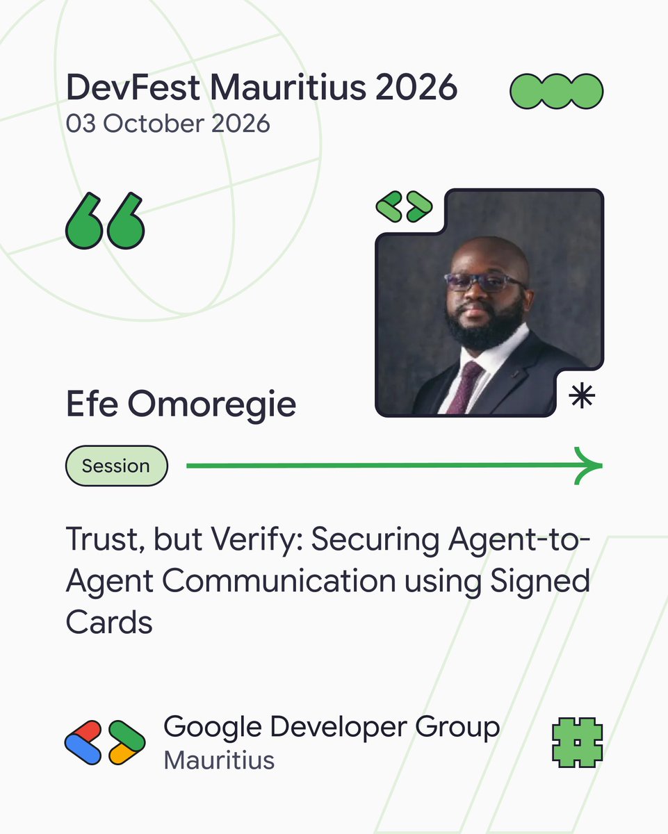 MSCraftsman's tweet photo. Weโre pleased to welcome Efe Omoregie to DevFest Mauritius 2026!
๐
03 October 2026
๐ African Leadership College of Higher Education (ALCHE), Mauritius
๐๏ธ Reserve your ticket: https://t.co/Jpr32SgfeQ
#DevFestMauritius #GDGMauritius #GoogleDevs https://t.co/M3HCbTYpK4