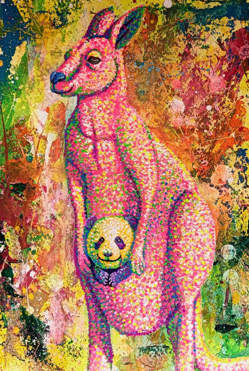uraweef's tweet photo. 「カンガルーとバンダ」を描きました。

この作品はアクリル絵の具を使いました。

カンガルーの袋の中にパンダがいます😊

#絵 #絵画　#イラスト　#アート　#painting #art https://t.co/HEuXIGUxZR