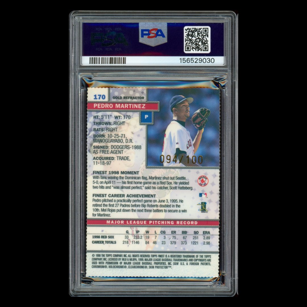 goudeygum's tweet photo. I’m team peel it off. Let the gold shine.
1999 Finest was the first year Gold Refractors covered the entire base checklist, all 300 cards numbered to 100 with deckle edges.
#ToppsFinest #PedroMartinez https://t.co/cgtQkwc9mu