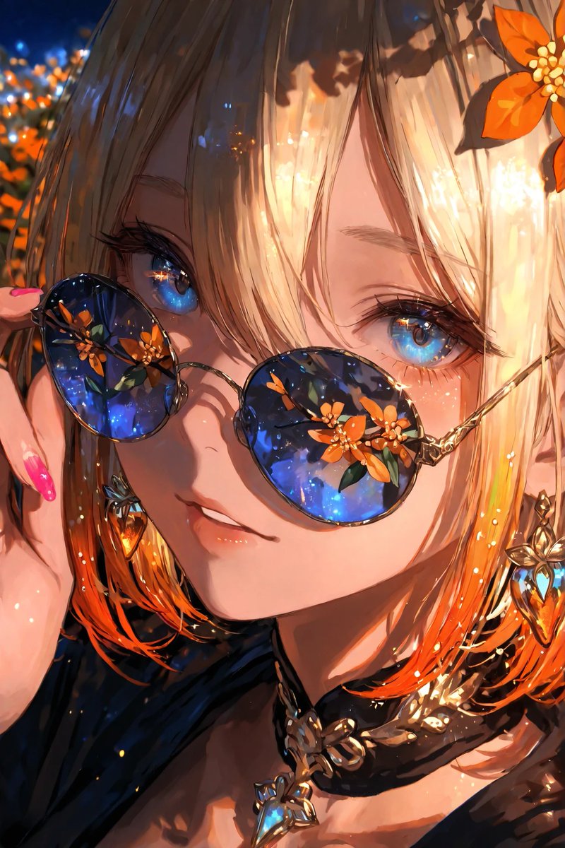 SusumuMind's tweet photo. 🌙 今日のラスト投稿

丸サングラスをずらして微笑む、金髪の少女🕶️✨
レンズに金木犀と、夜の青が映り込む🌼

Osmanthus blooms in her lenses 🧡

SusumuArt/AIart https://t.co/7L5cjVbqjq