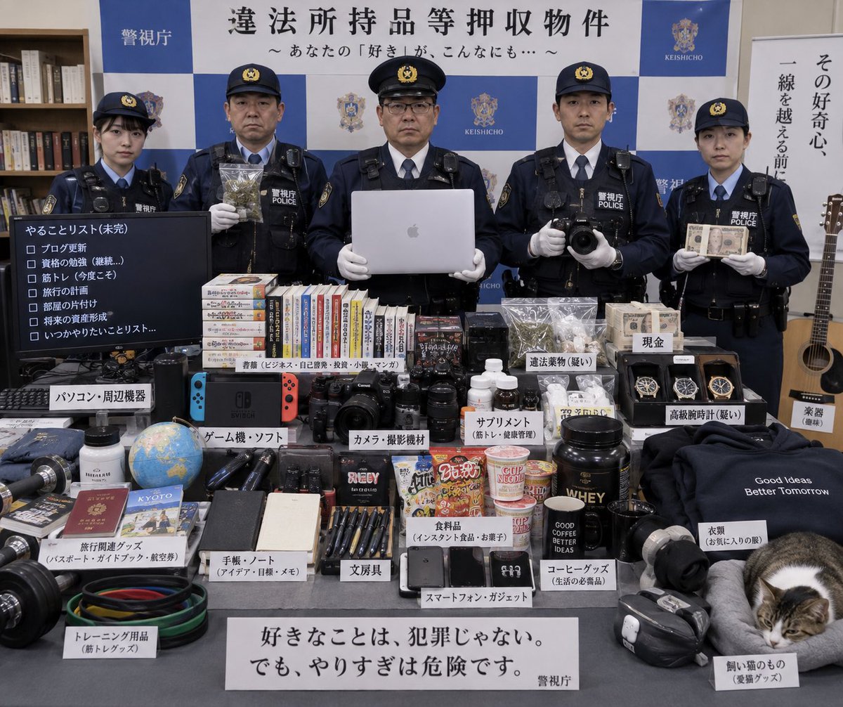 Yuiyuijp2f's tweet photo. これ面白い🤣
みんなもやってみて！！
ChatGPTにこうお願いしてみて：
「警察官たちが、最近の家宅捜索で押収した物品の前に立っている写真を生成してください。押収された物品は、あなたが私について知っていることをすべて元にして作ってください。 https://t.co/E7VGzOwiOC