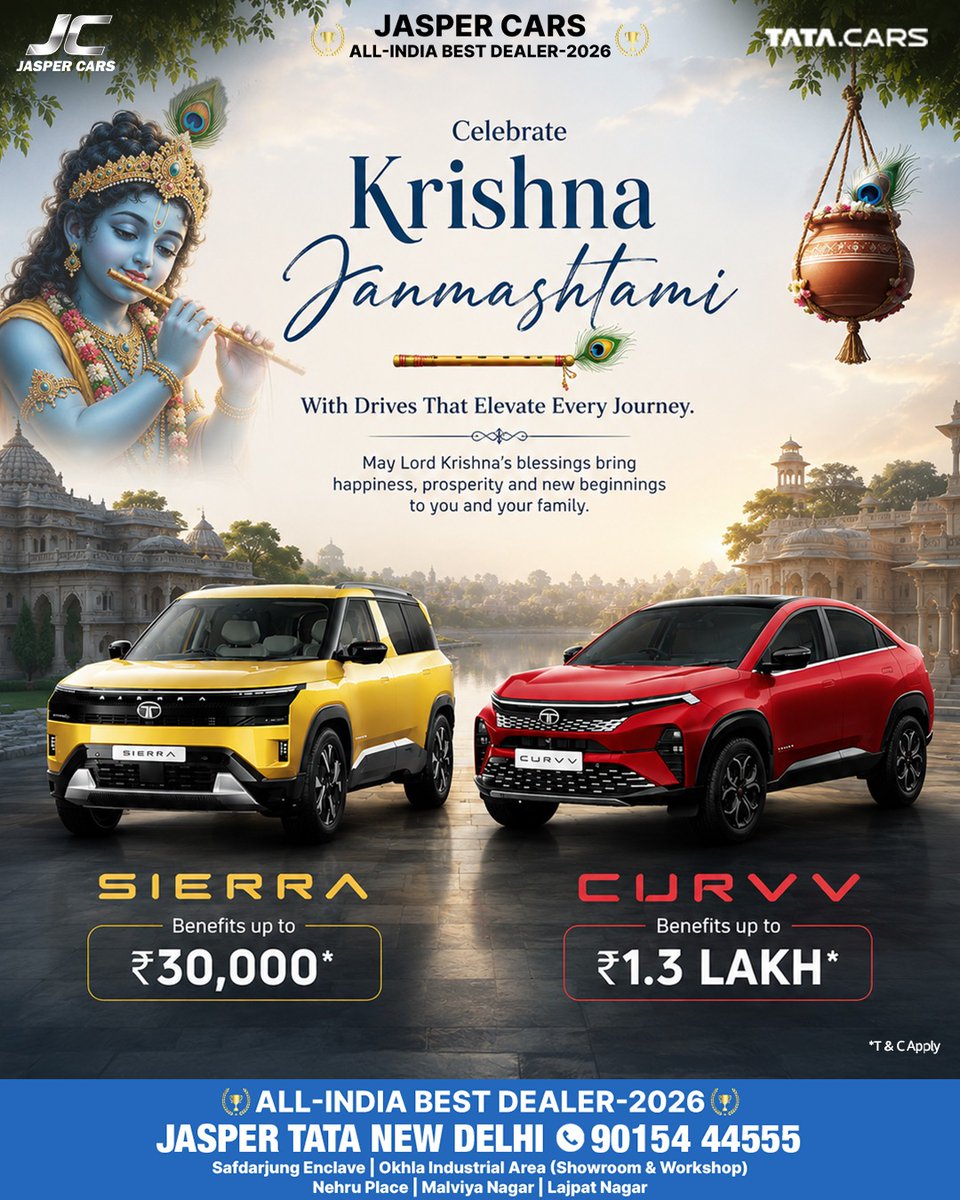cimbommm_22's tweet photo. Celebrate Krishna Janmashtami with exclusive benefits on the Tata Sierra and Curvv. Make the festive season memorable with joyful new journeys. Visit Jasper Cars or book your Tata today. https://t.co/J8RBUqyt86