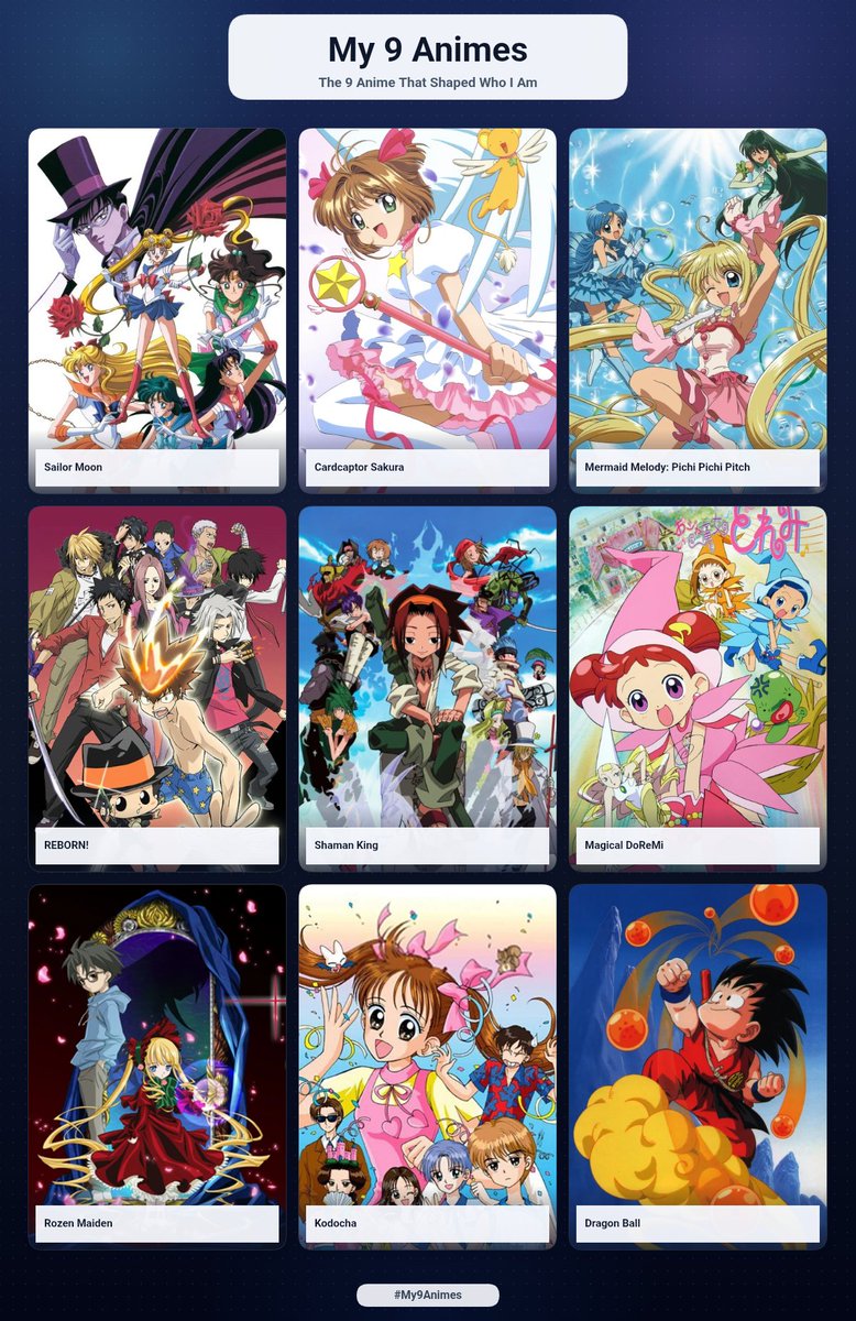 kiralushia's tweet photo. In casual order, the 9 anime that carried my life.
It's funny that we got 3 shonen and everything majokko + 1 idol anime lmao totally my life

Of course I had to choose the most important ones but I also love others like Digimon, Love Live, Precure etc https://t.co/lP6bjHozNy